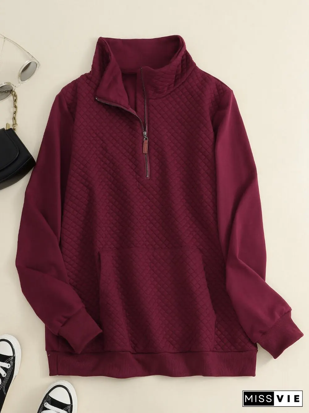 Solid Zip Front Pocket Long Sleeve Lapel Women Sweatshirt