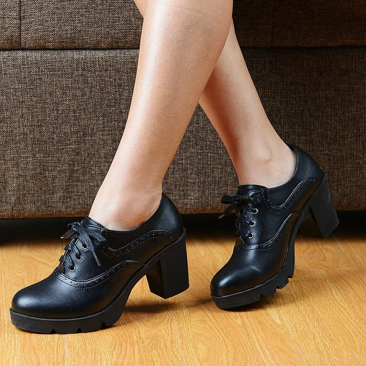 Black Vintage Oxford Block Heel Lace-Up Shoes Vdcoo