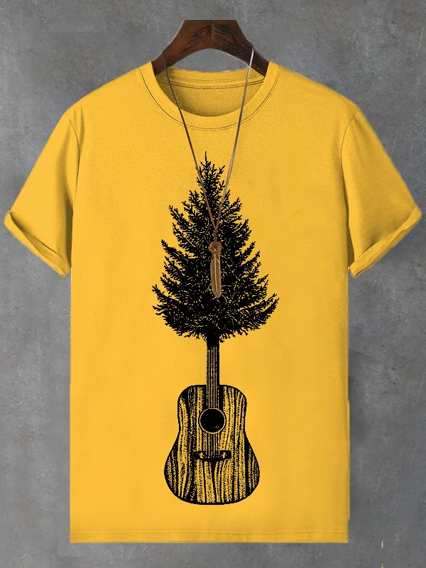 Men's Tree And Guitar Print Cotton Casual T-Shirt