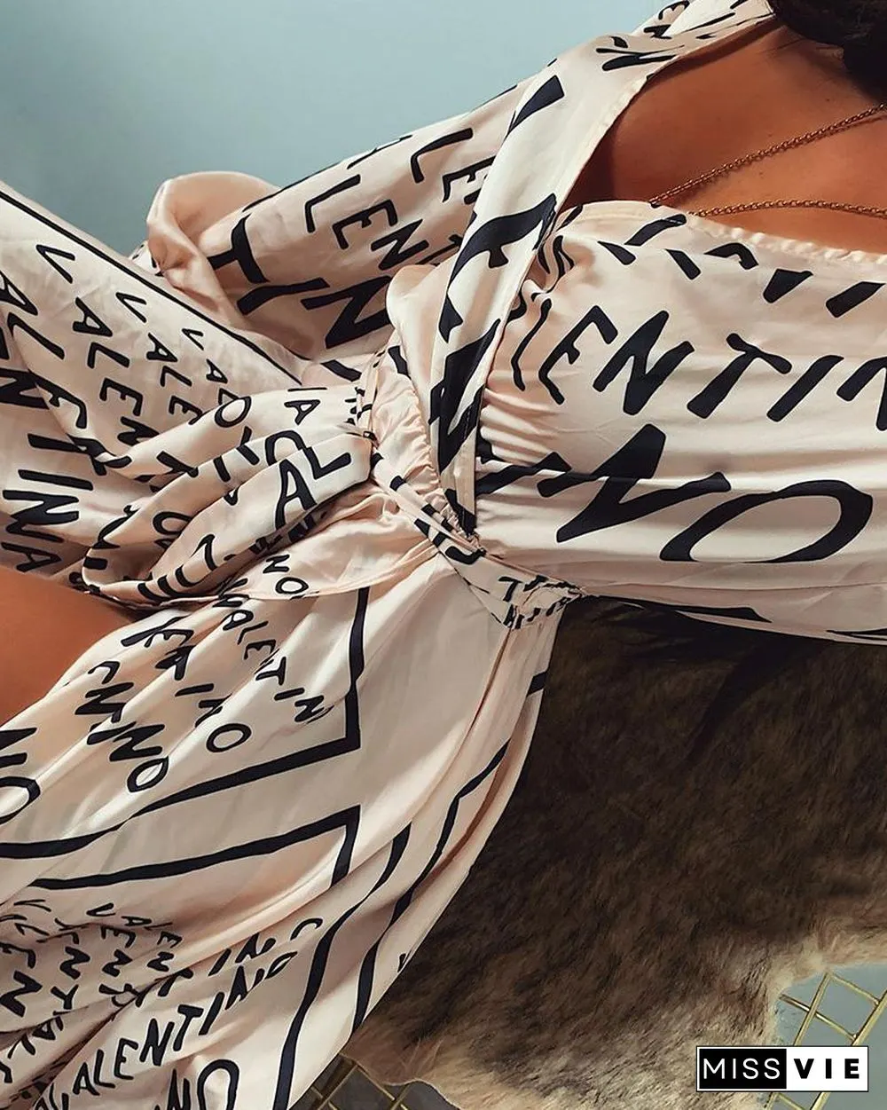 Letter Print Lantern Sleeve High Slit Maxi Dress P13222