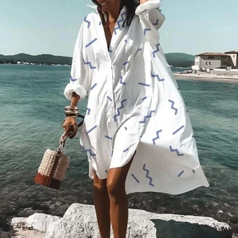 Summer Women Dresses Turn-down Collar Print Casual Long Sleeve Shirt Dress Plus Size Loose Beach Party Vestidos Robe Blouse