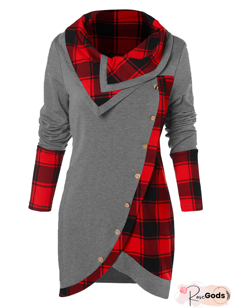 Women Red Plaid Tartan Turtle Neck Loosen Dresses