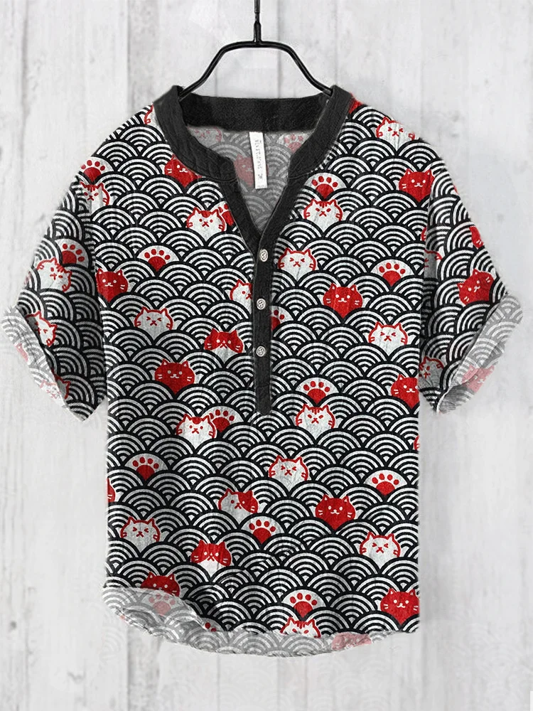 Japanese vintage Cats And Waves Pattern Cozy Cotton Linen Shirt