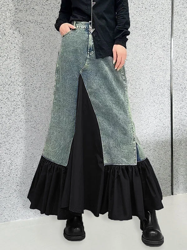 A-Line Loose Asymmetric Buttoned Pleated Pockets Split-Joint Skirts Bottoms