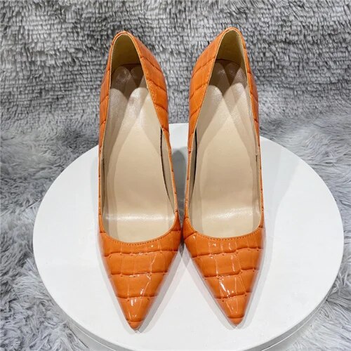 VCshoes Coffee Brown Crocodile Pattern Effect Women Pointy Toe Stiletto Pumps High Heel Shoes For Party 12cm 6cm Orange QP157