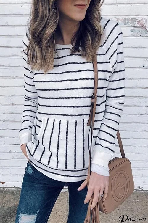 Pockets Stripe Long Sleeve T Shirt