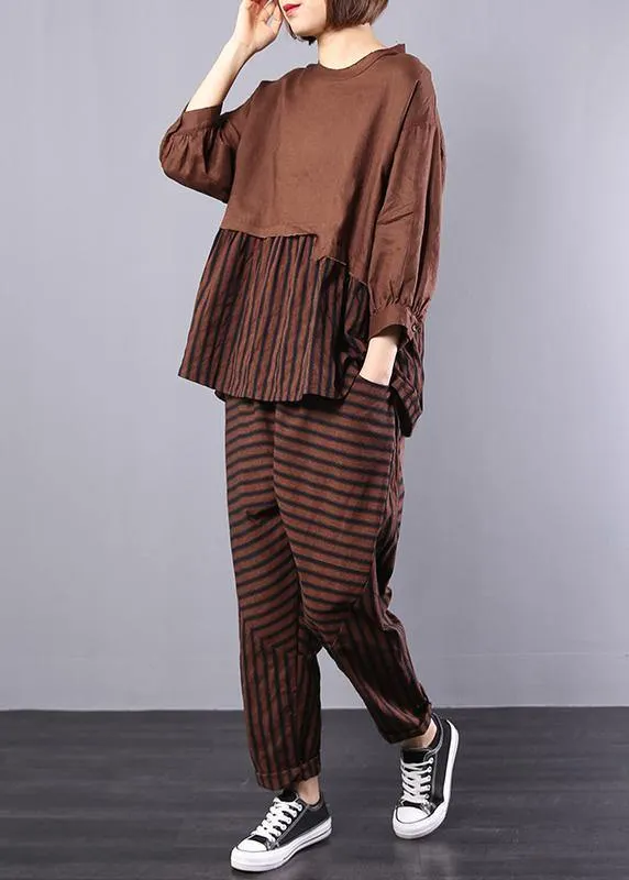autumn khaki patchwork striped tops with elastic waist pants two pieces