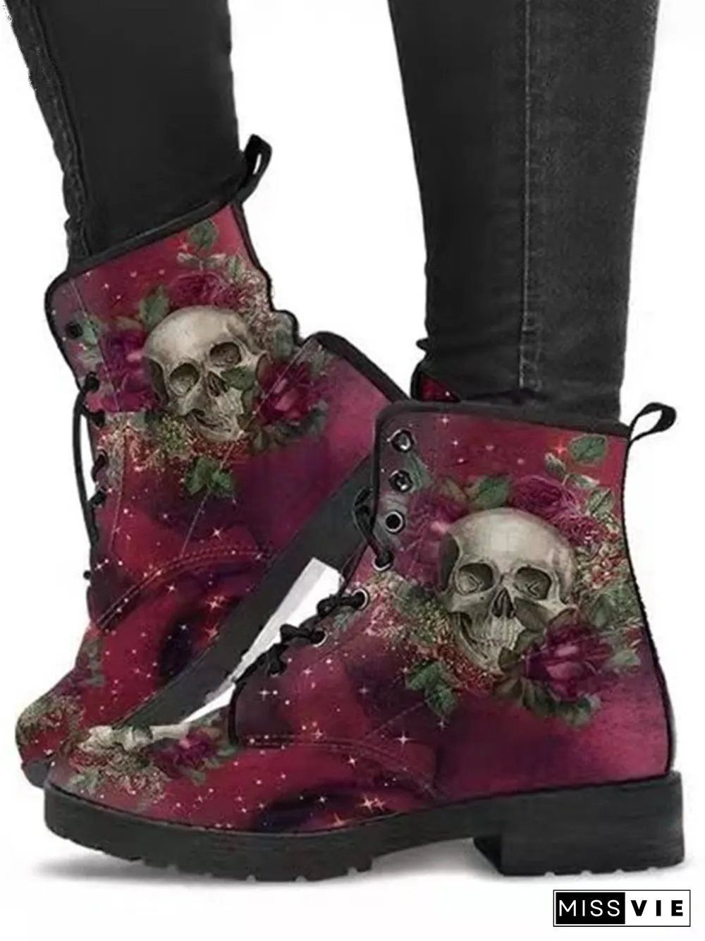 Floral Street All Season Printing Party Low Heel Lace-Up Non-Slip Classic Boots Boots for Women