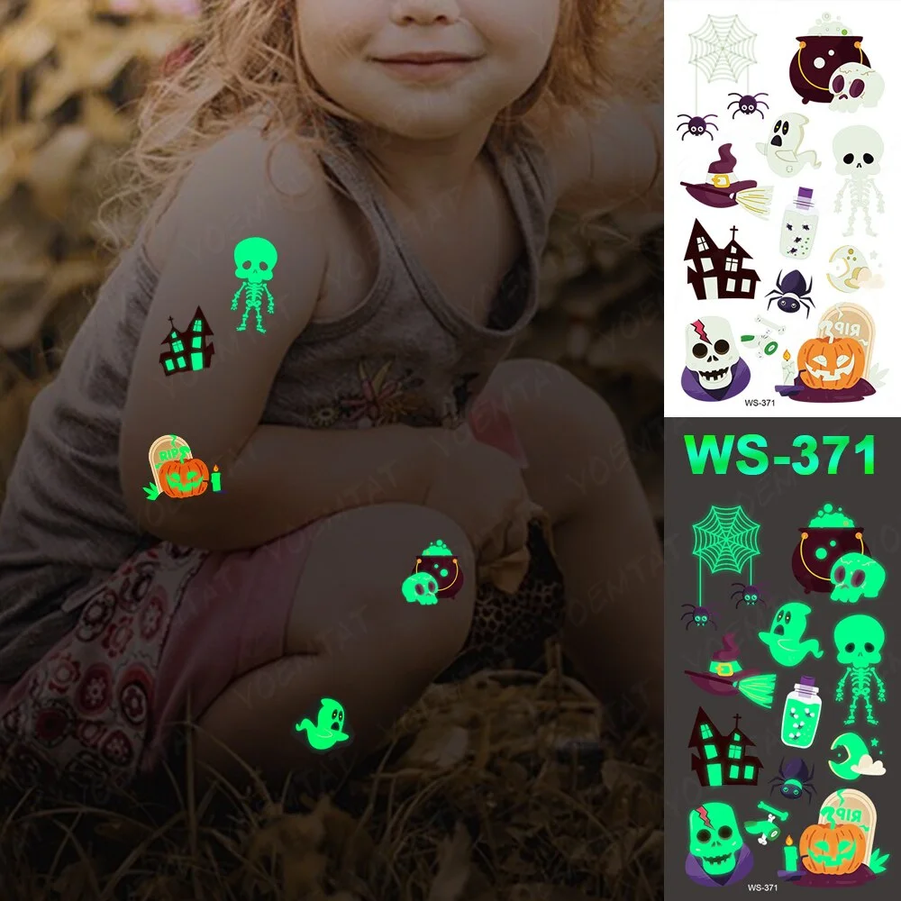 Halloween Party Cartoon Magic book witch Luminous night Tattoo Stickers Elf Ghost Temporary Waterproof Glitter Body Art For Kid