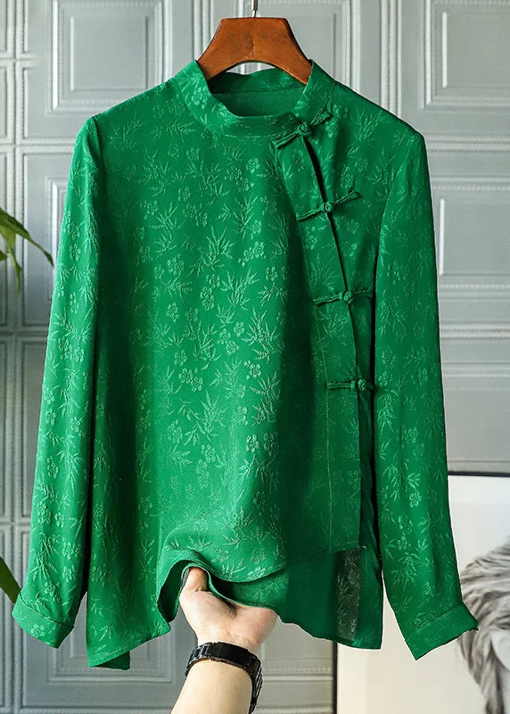 Retro Green Mandarin Collar Button asymmetrical design Jacquard Silk Shirts