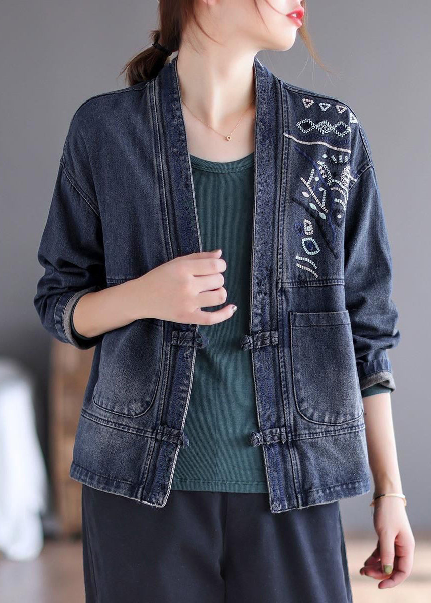 VCSHOES Blue V Neck Embroideried Patchwork Button Pockets Cotton Denim Coat Long Sleeve
