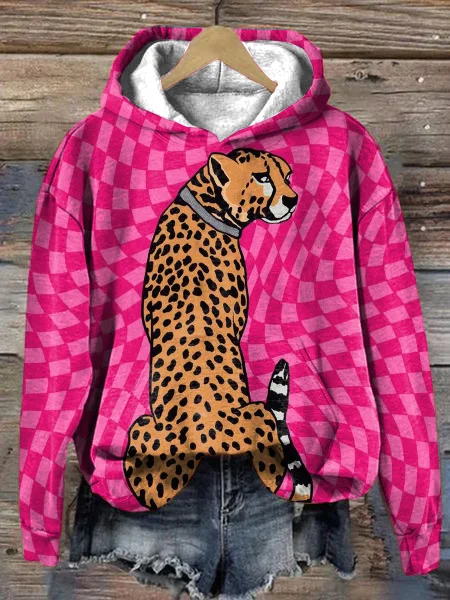 Casual Plaid Cheetah Print Hooded Sweatshirt