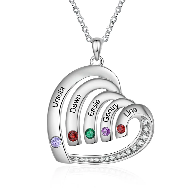 Personalized Heart Pendant Necklace Custom 5 Birthstones & 5 Names Necklace Gifts for Her