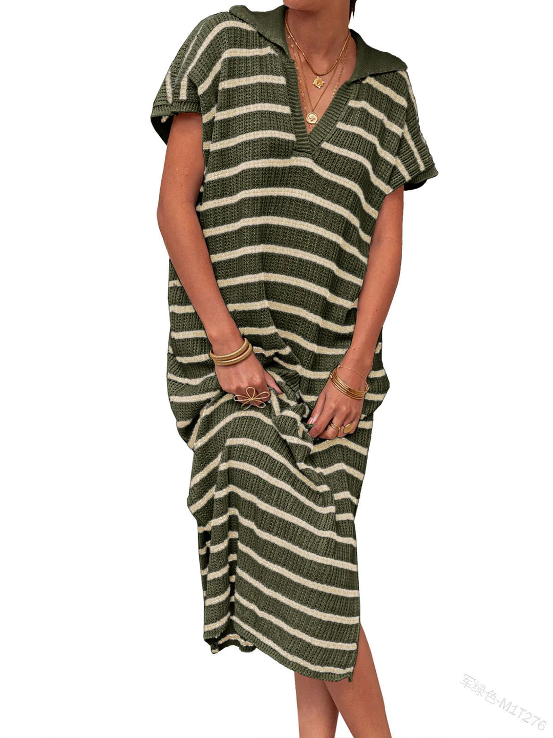 Woherb Woherb Summer Dress Women's V-Neck Stripe Low Slit Lapel Long Sweater Even-Outfit Ideas