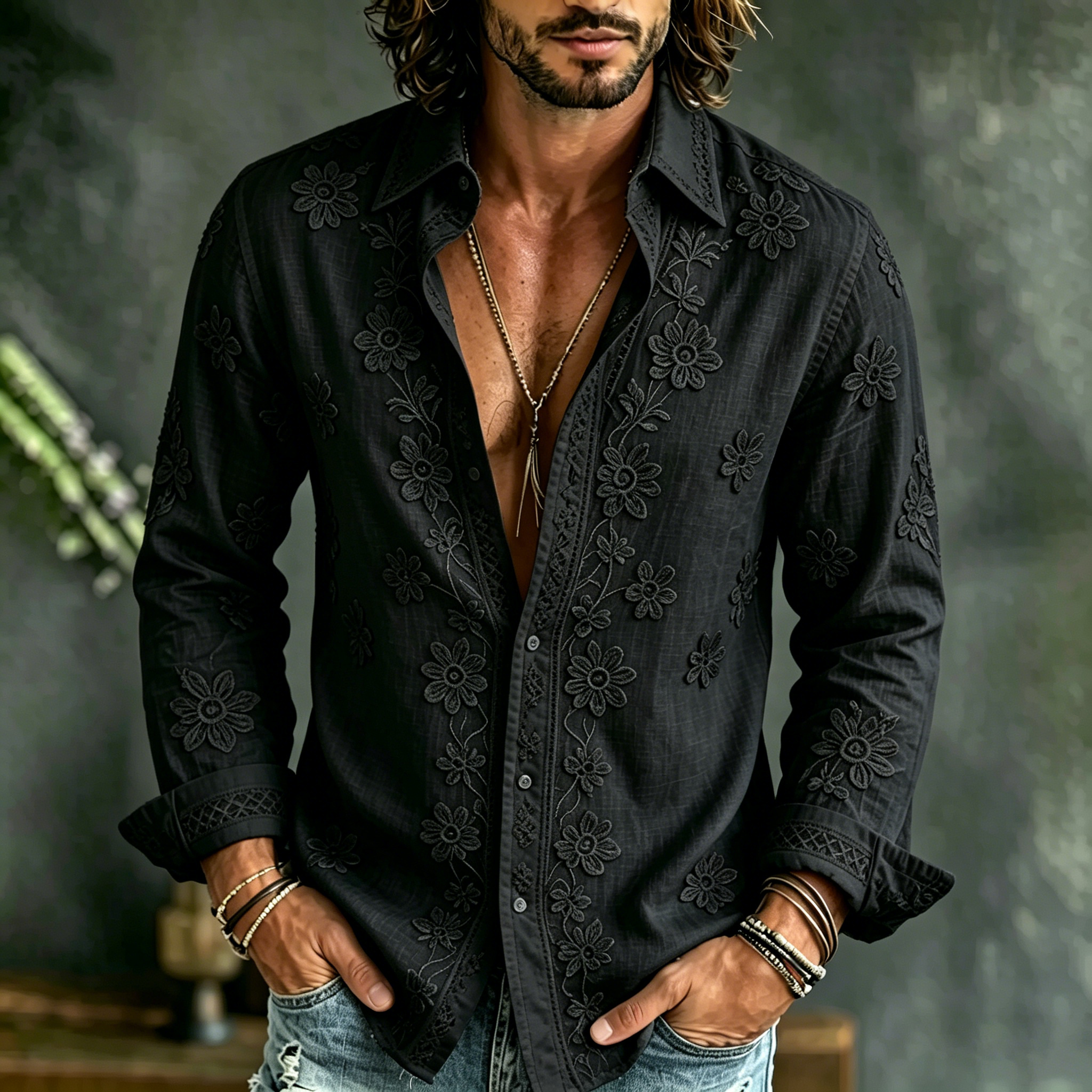Men's Causal Spring Floral Art Print Flowy Linen Blend Shirt  artssus