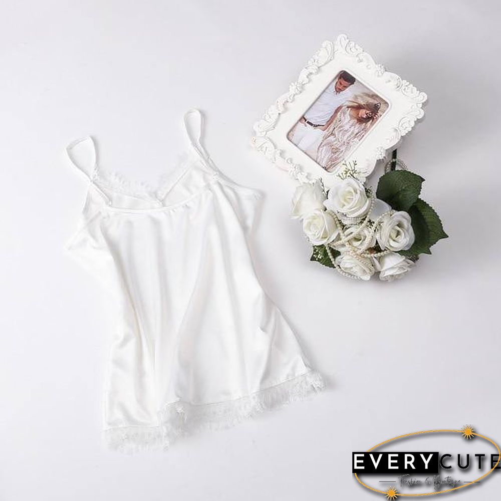 Korean Fashion Silk Women Camis Streetwear Satin Sexy Tops Lace Sleeveless White Female Tank Tops Plus Size XXXL/4XL White Shirt
