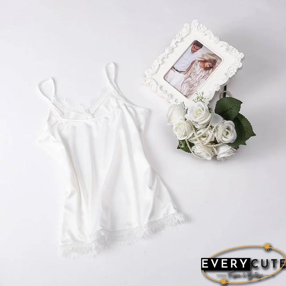 Korean Fashion Silk Women Camis Streetwear Satin Sexy Tops Lace Sleeveless White Female Tank Tops Plus Size XXXL/4XL White Shirt