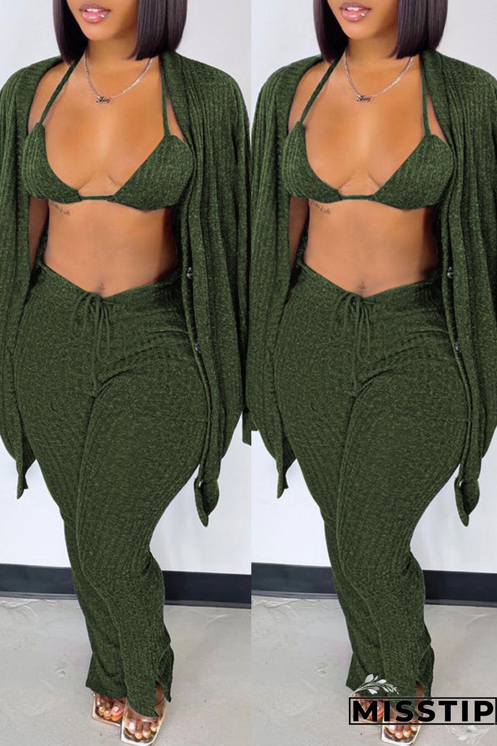 Blue Fashion Casual Solid Cardigan Vests Pants Long Sleeve Three-piece Set