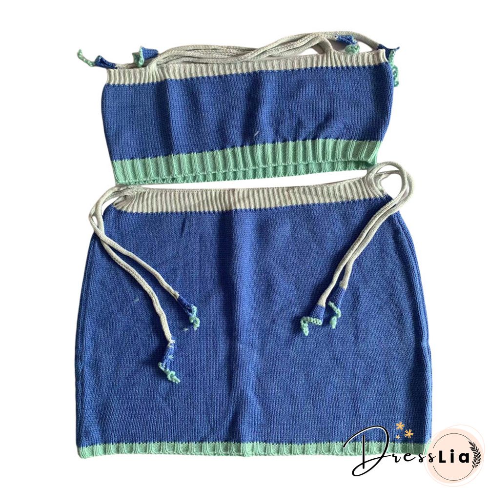 Knitted Set Women Summer Color Block Patchwork Sleeveless Crop Top And Mini Skirt Matching