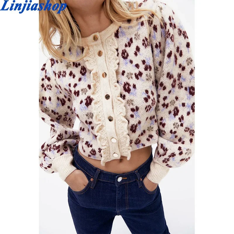 New Women Fashion O Neck Lantern Sleeve Leopard Print Casual Short Knitting Sweater Femme Chic Ruffles Cardigan Tops