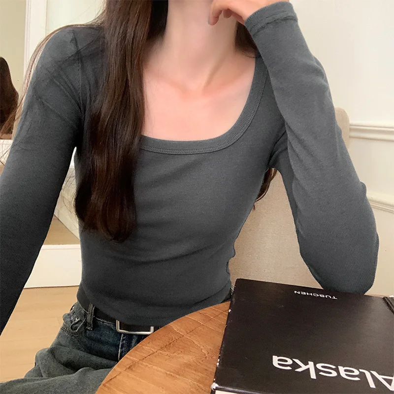 Toloer Color Straight Shoulder Slim Square Collar Threaded Short-Sleeved T-Shirt Early Autumn All Look Thin Undershirt-Outfit Ideas