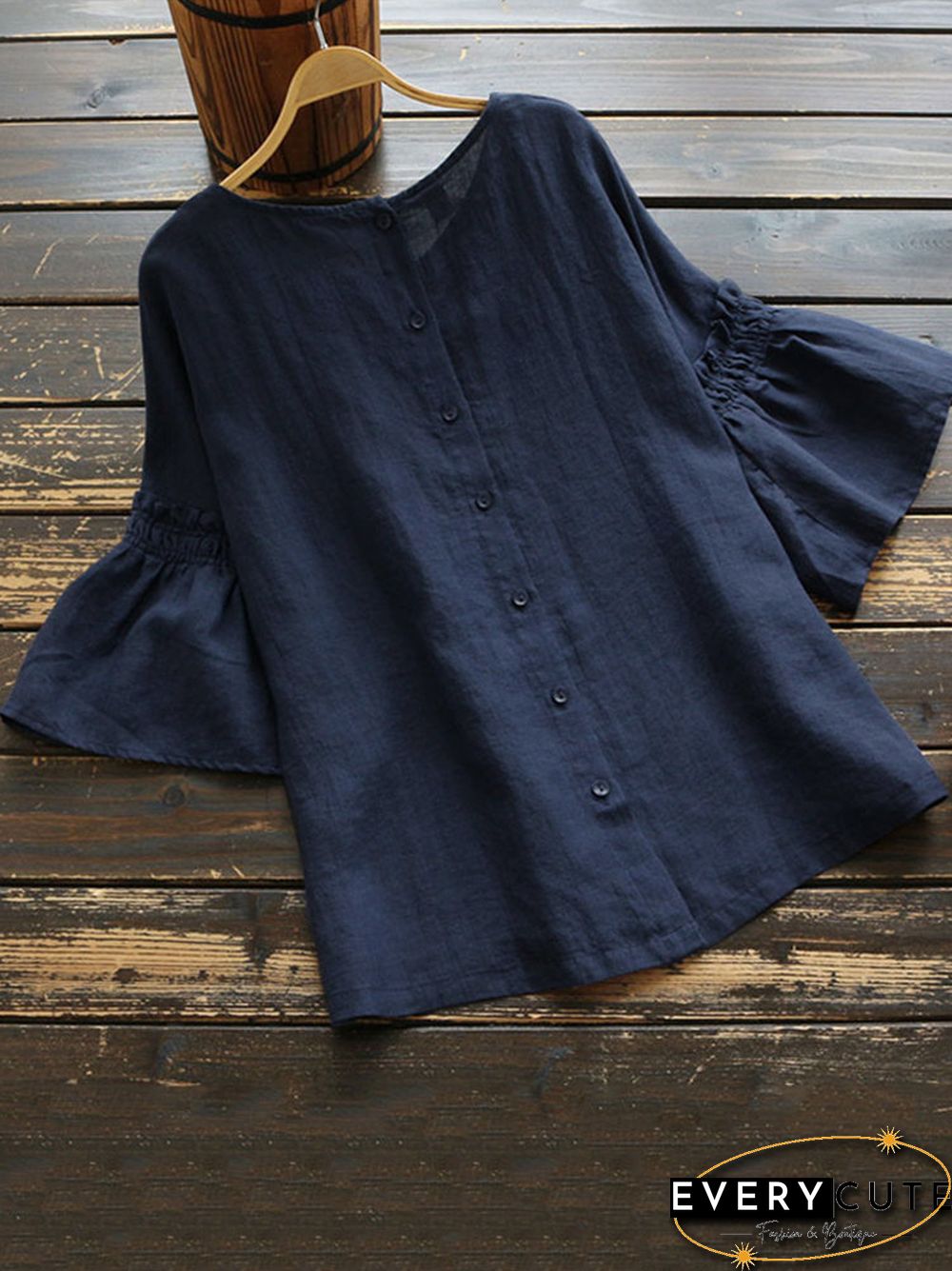 Vintage Frill Short Sleeve Solid Color Blouse