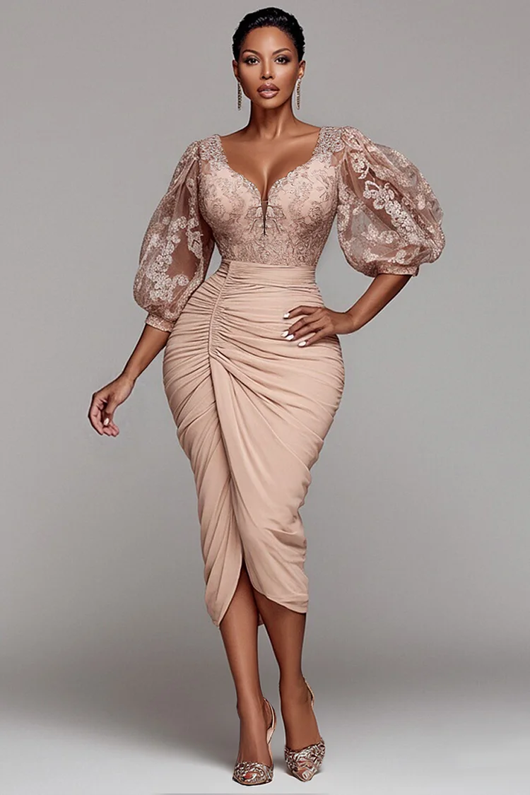Xpluswear Design Plus Size Cocktail Party Champagne Square Neck Puff Sleeve Short Sleeve Fold Split Lace Midi Dresses [Pre-Order] 2024 - Xpluswear