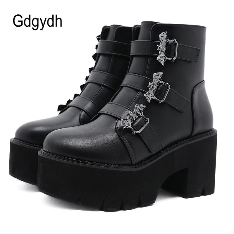 Gdgydh Metal Decoration Bat Demonia Boots Women Platform Heels Black Gothic Ankle Strap Belt Buckle Ladies Short Boots Plus Size