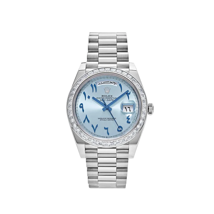 Rolex Day-Date 228396TBR Platinum Ice Blue Arabic Dial Diamond Bezel