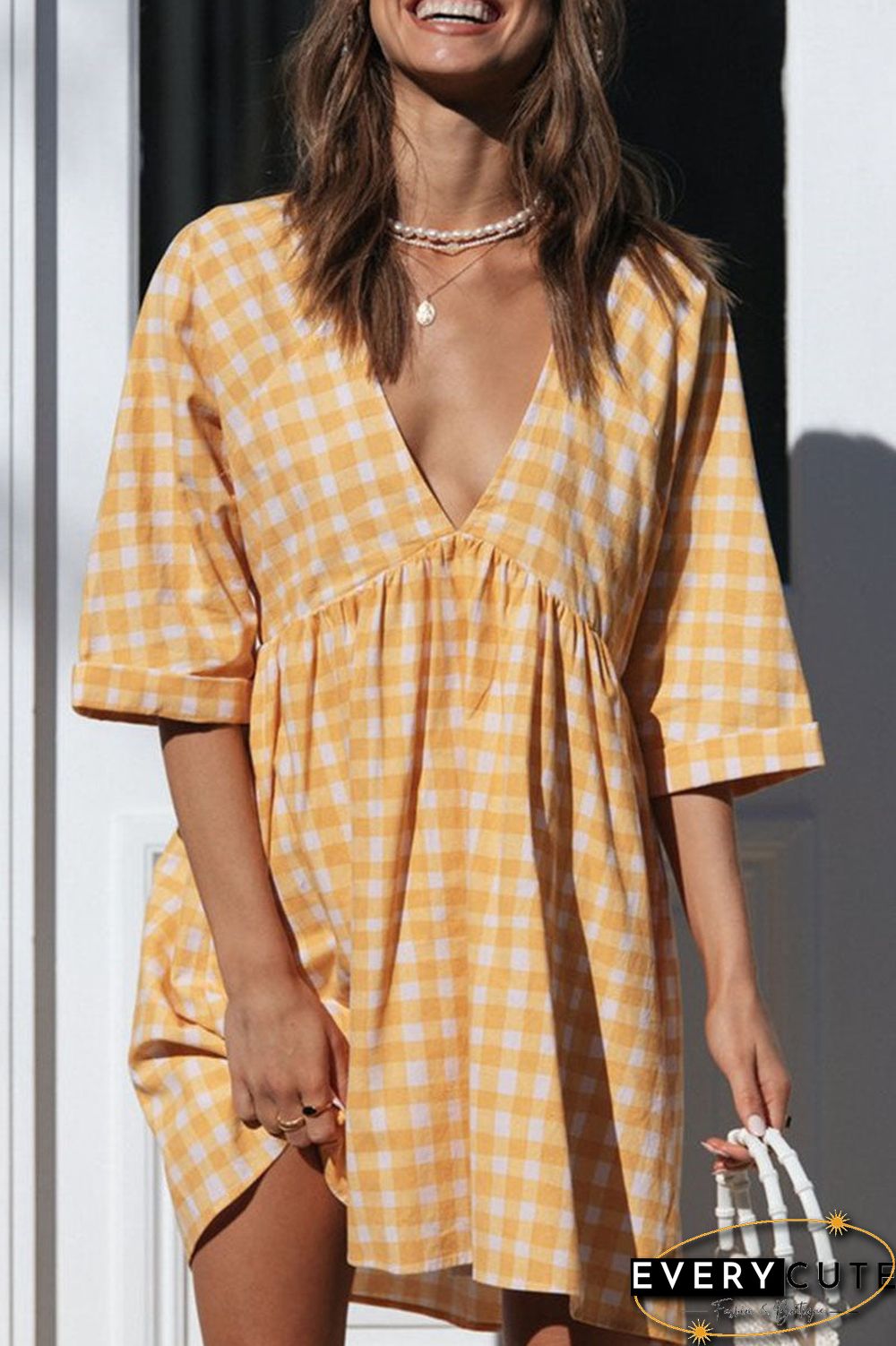 Fashion Casual Plaid Split Joint V Neck Princess Dresses