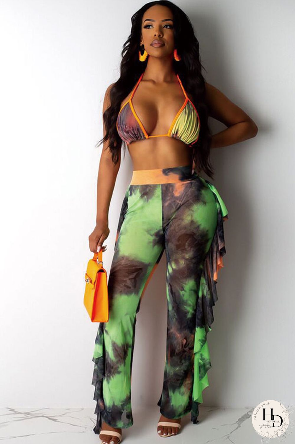 Army Green Sexy Fashion Stringy selvedge Print Tie Dye Patchwork Loose Sleeveless