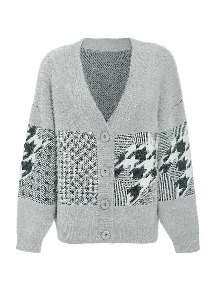 Mayoulove Casual Outwear Vintage V Neck Breasted Geometric Stitching Cardigan Sweater-Mayoulove
