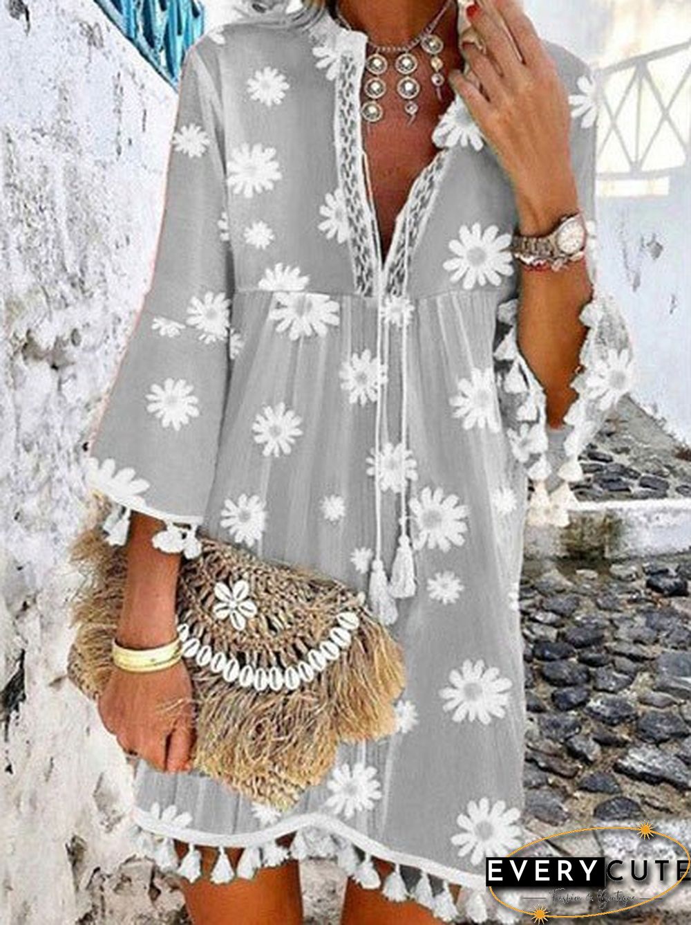 Women'S Dresses Daisy Print V-Neck Fringe Dress