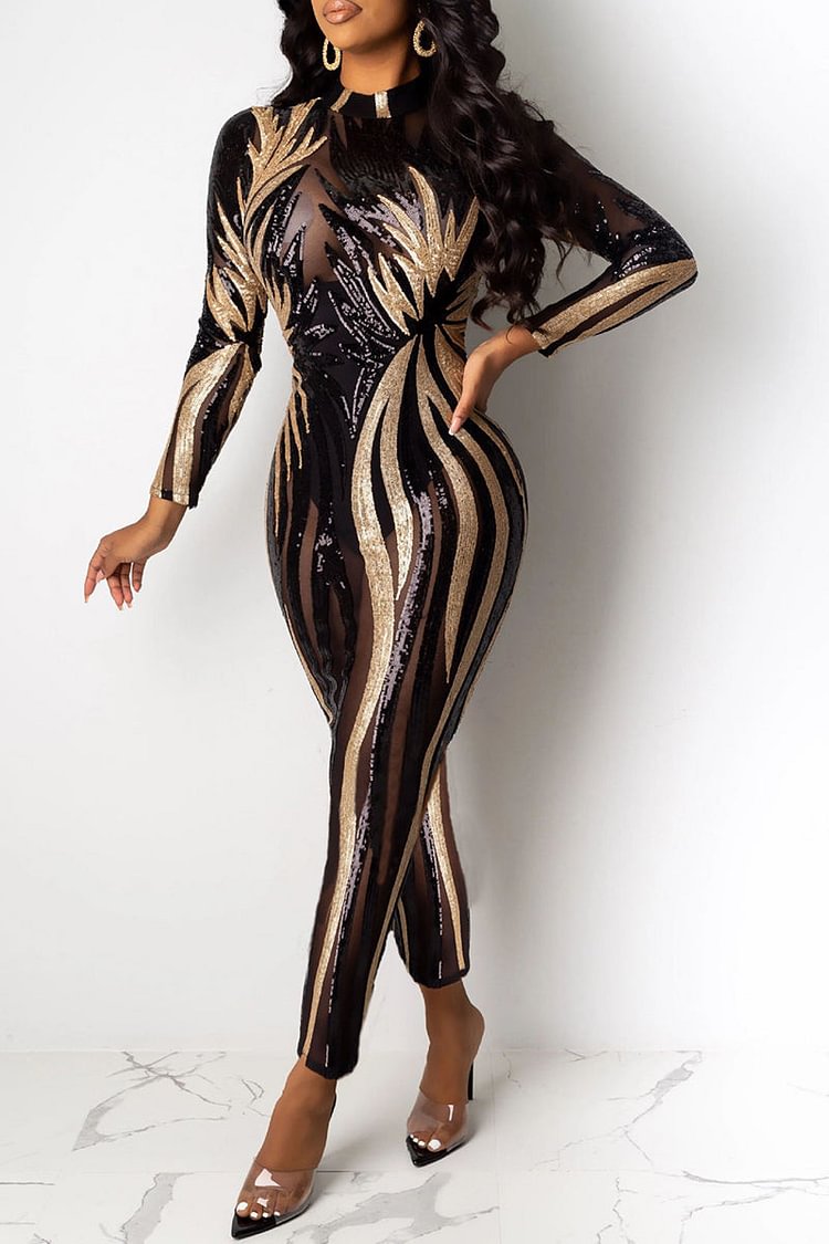 Sequins Patchwork Mesh High Neck See-Through Jumpsuit