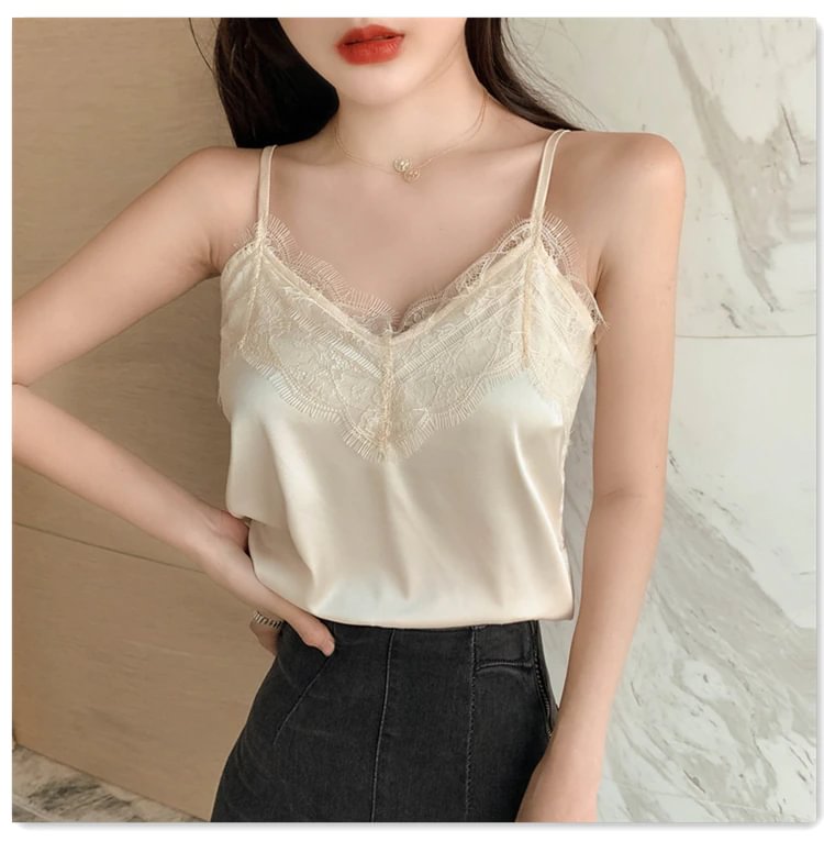 Fongt 2022 Summer Satin Crop Top Women Camis Roupas Slik Off White Lace Tops Female Camisole Black Halter T-shirts Basic Woman Clothes