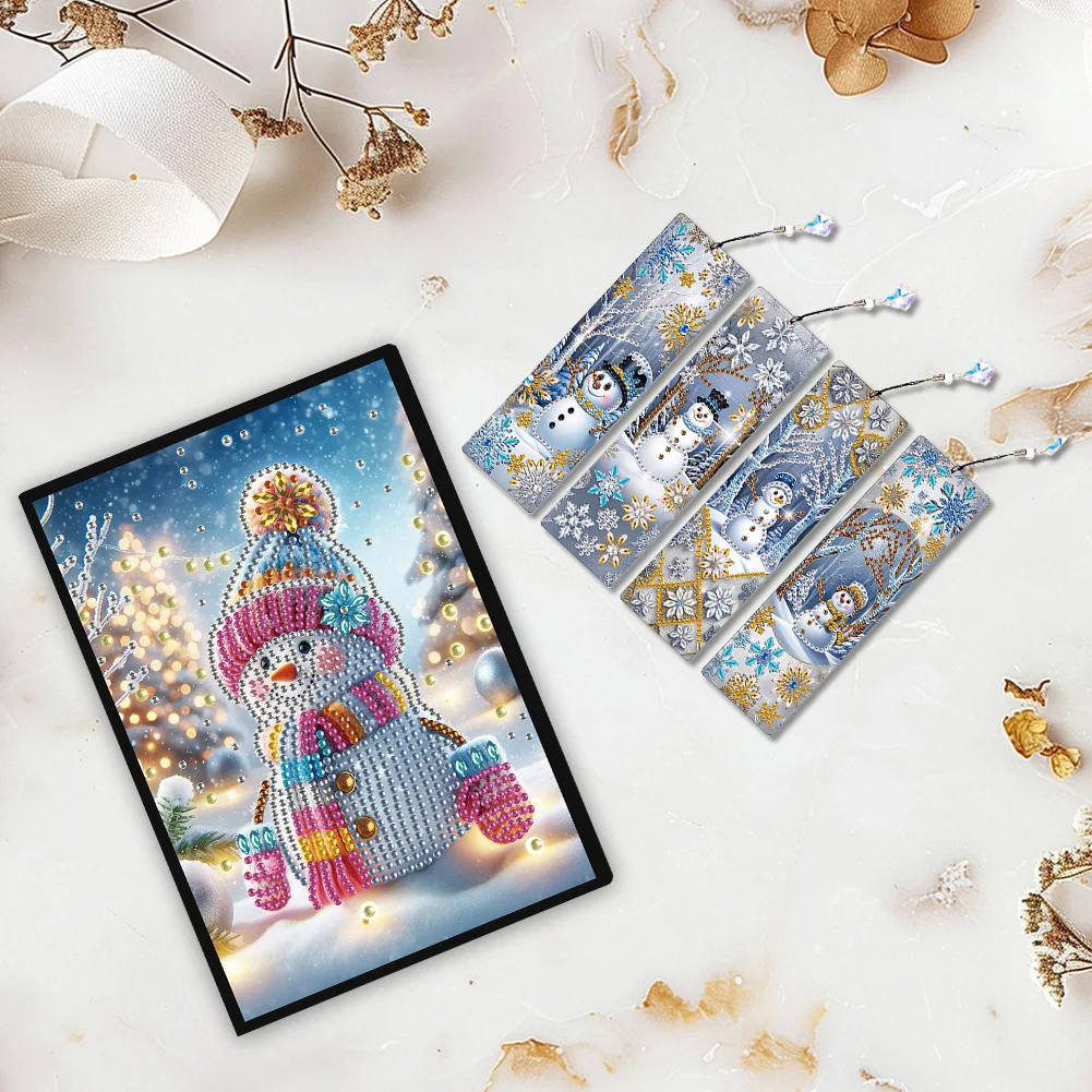 Snowman A5 Size Diamond Painting Notebook Set with 4Pcs Bookmark Holiday Gift