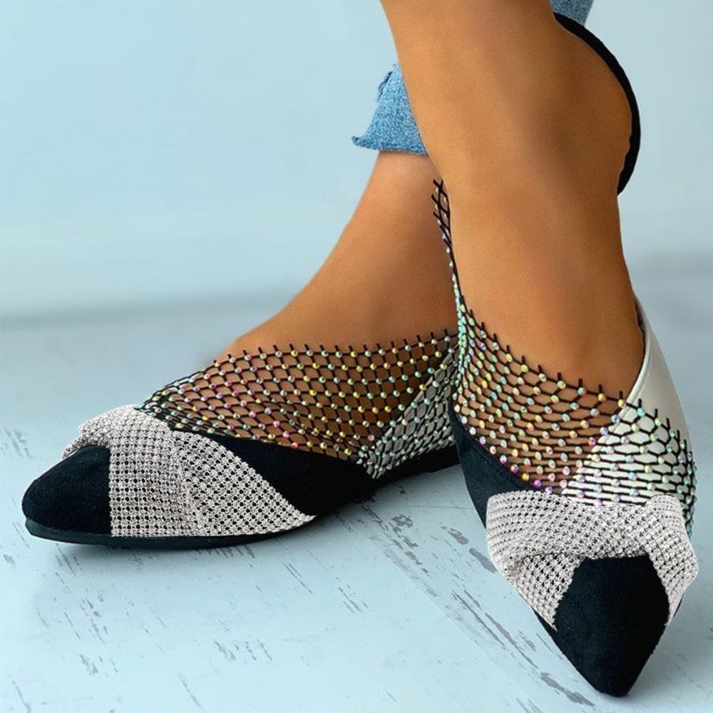 Black Colorblock Pointed Toe Hallow Flats With Rhinestone Bow Decor Flats Nicepairs