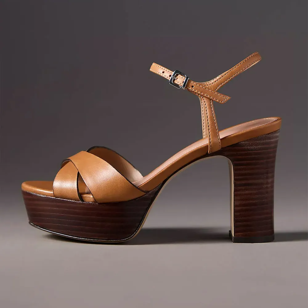 Tan Platform Chunky Heel Ankle Strap Buckle Summer Sandals