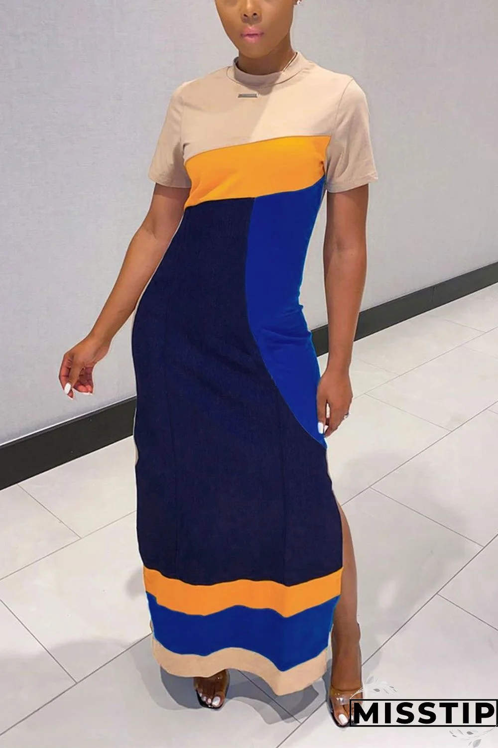 Beige Fashion Casual Stitching Long Dress