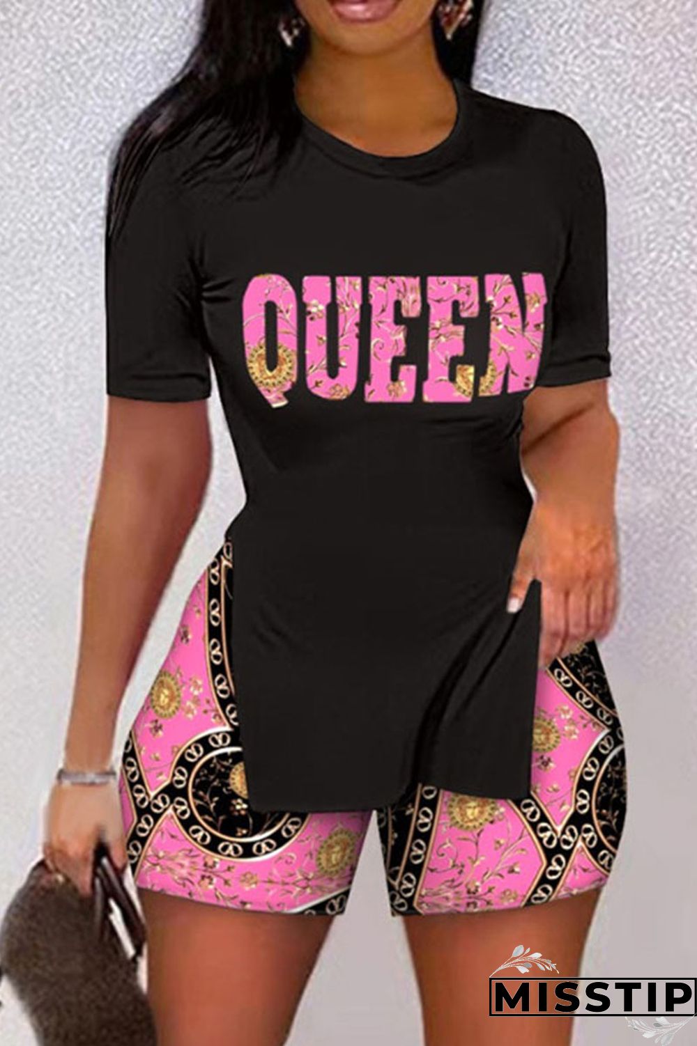 Red Casual Print Patchwork Slit O Neck Short Sleeve Two Pieces