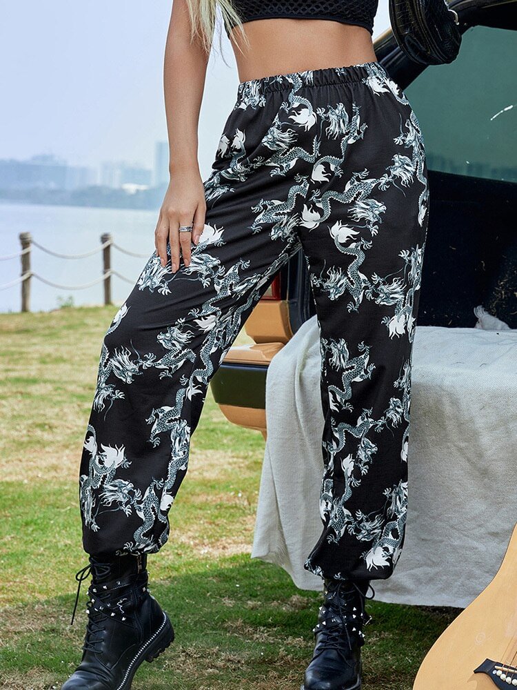 Budgetg Pants Women Spring Summer Elastic High Waisted Loose-fit Vintage Totem Print Wide Leg Trousers Pantalones Mujer