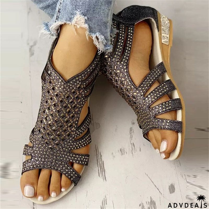 Women's Summer Open Toe Rhinestone Flat Hollow Out Roman Sandals