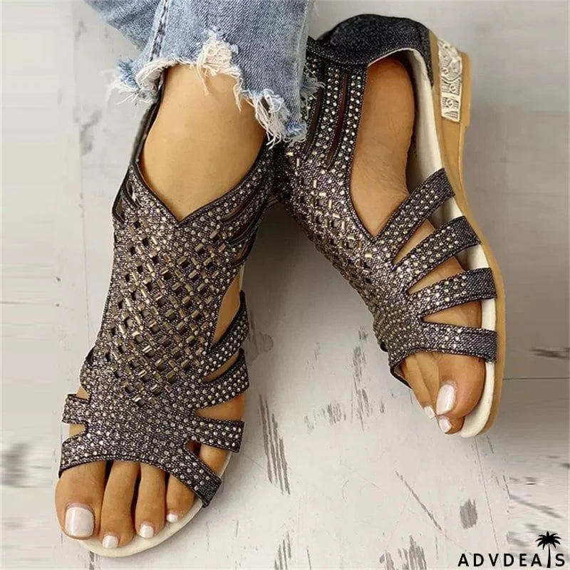 Women's Summer Open Toe Rhinestone Flat Hollow Out Roman Sandals