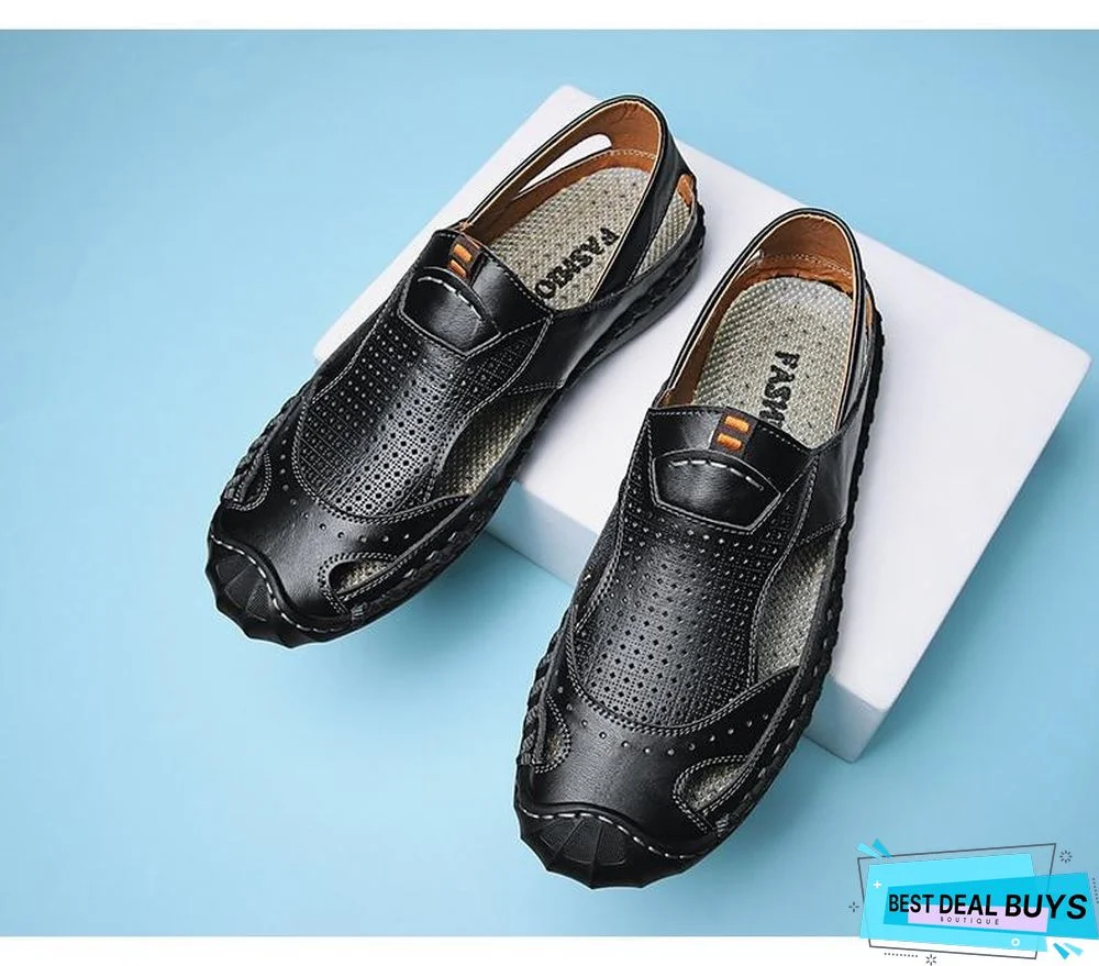 Men's Cow Leather Sandals Summer Beach Flat Non-Slip Sandals