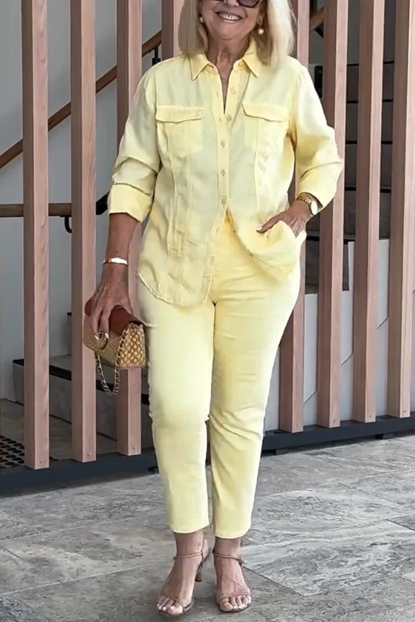 Solid Color Lapel Long-sleeved Loose Top and Casual Pocket Pants Set