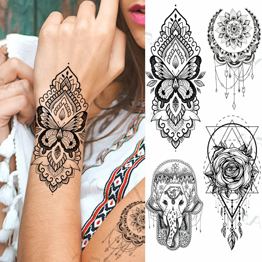 Sdrawing Catcher Rose Flower Temporary Tattoos For Women Adult Henna Moon Feather Owl Fake Tatoos Realistic Sexy Chest Tattoo Paste
