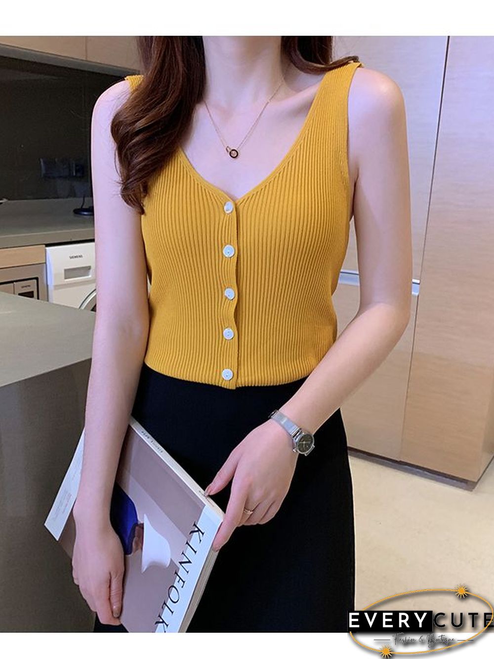 Heliar Women Summer Button Up Casual Tank Tops Plain Knitted Tops Women V-Neck Tops Summer Women Cloth