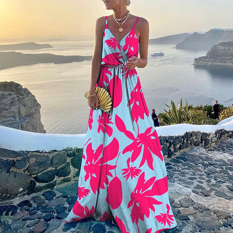 Fashion Belt Leaf Print Swing Maxi Dress