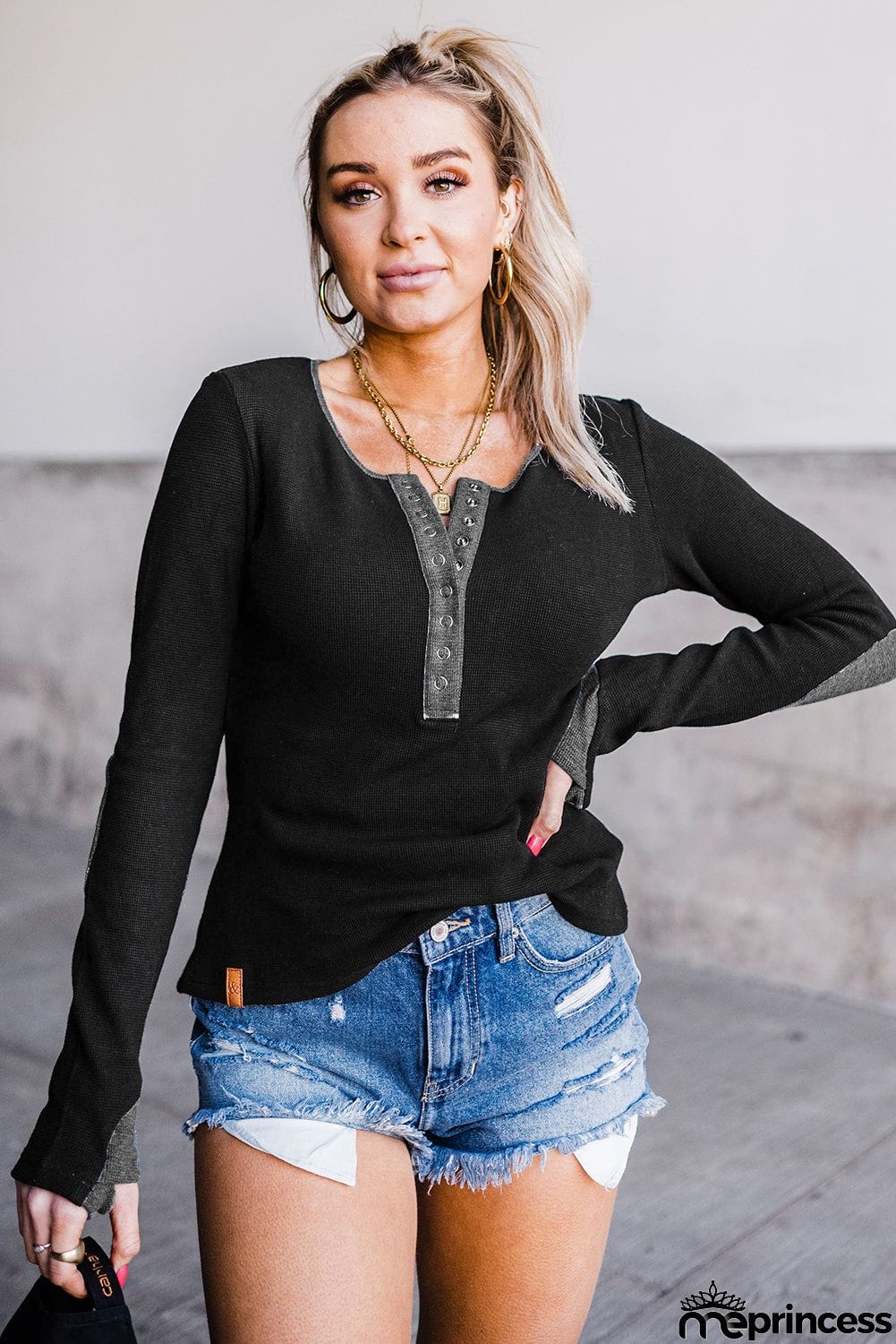 Contrast Elbow Patch Black Long Sleeve Top