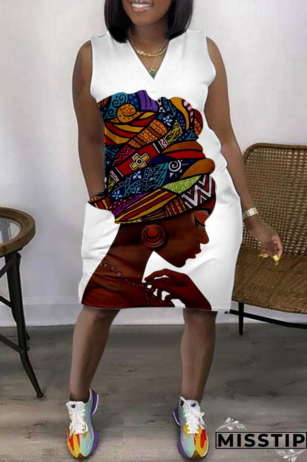 Green Fashion Casual Print Patchwork V Neck Sleeveless Plus Size Dress